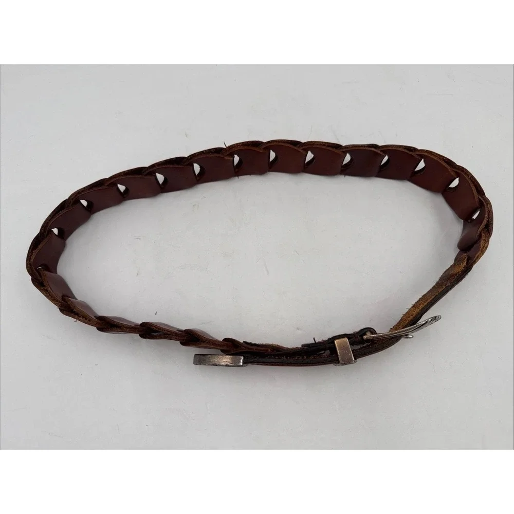 Vtg Y2K Western Ladies Brown Leather Woven Link Belt‎ Silver Buckle Sz M